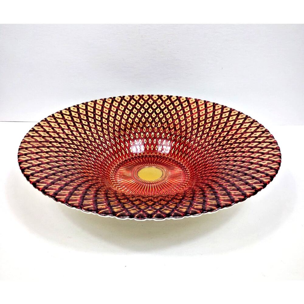 VTG Iridescent Turkish Red Gold Geometric Art Glass Bowl 12.5” Table Centerpiece
